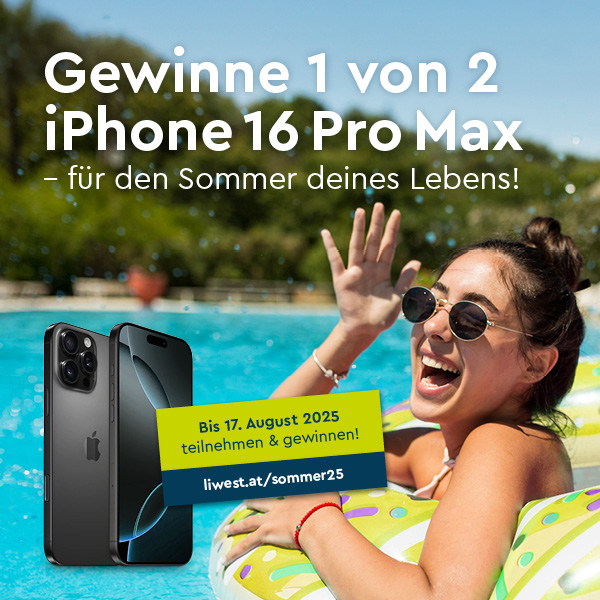 LIWEST Sommergewinnspiel 2025 Frau auf Matraze in Swimmingpool mit Symbolbild Apple iPhone 16 Pro Max und Gewinnspieltexte LIWEST Sommergewinnspiel 2025 Frau auf Matraze in Swimmingpool mit Symbolbild Apple iPhone 16 Pro Max und Gewinnspieltexte