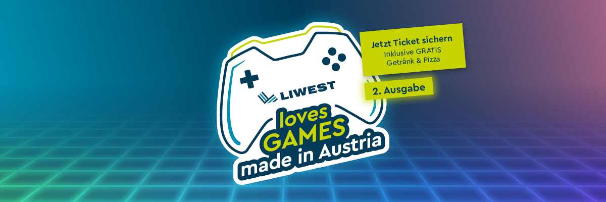 LIWEST loves Games made in Austria Event last 2025 Logo Gamingkontroller mit grüner Störerbox Jetzt Tickets sichern
