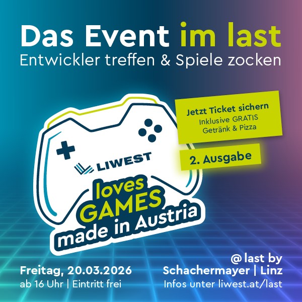 LIWEST loves Games made in Austria Event last 2026 mit Logo Gamingkontroller und Eventinfos als Text drumherum